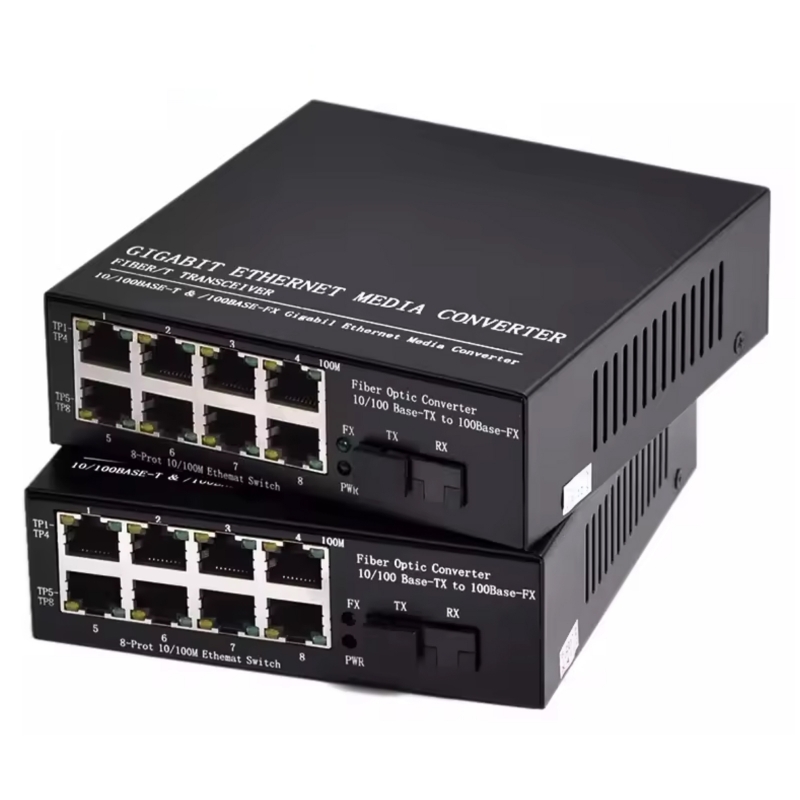 Media Converter Fiber 10/100Mbps 1 SC Optical Fiber 8RJ45 Lan Ports Ethernet Switch Optic Camera Media Converter